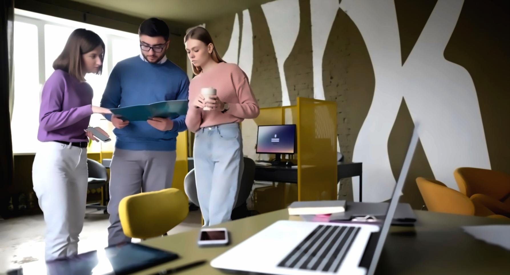 Frühes Büro mit Computerarbeitsplätzen und Planungsunterlagen
