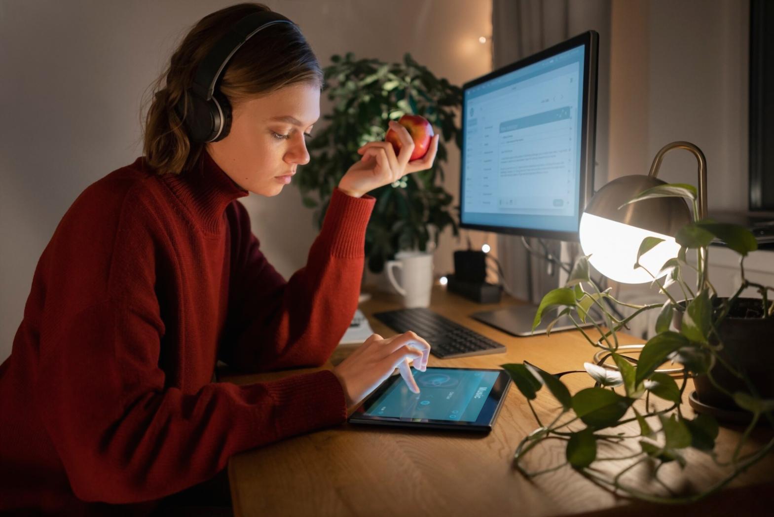 Zeitgenössisches Büroumfeld mit digitalen Displays und modernen Arbeitsplätzen